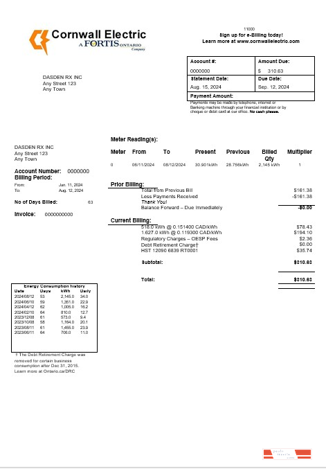 USA Cornwall Electric business utility bill template in Word and PDF formats